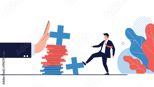 Rebellious businessman kicks over a stack of blue and red coins while a giant corporate hand attempts to restrain his actions.