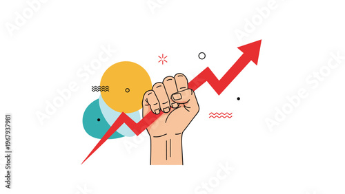 Powerful fist holds a rising red arrow graph against a background of abstract shapes to represent market dominance and strength.