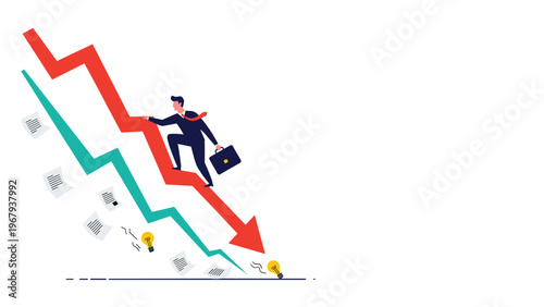 Professional businessman in a suit climbs up a large red arrow that is pointing sharply downward toward the ground.