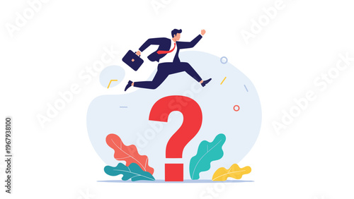 Professional businessman leaps over a large red question mark toward a brighter future and career success in the workplace.
