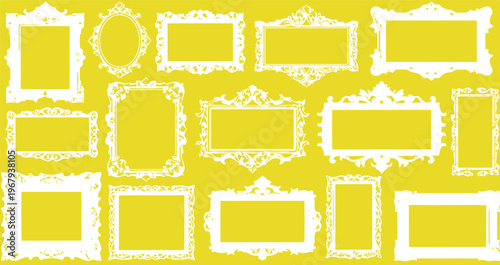 Vintage ornate picture frames collection, 14 white decorative border elements, antique baroque frame set on yellow background, elegant vector silhouettes