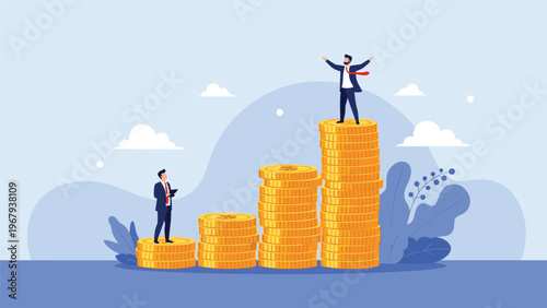 Two professional men stand on stacks of golden coins of different heights representing varying levels of success.