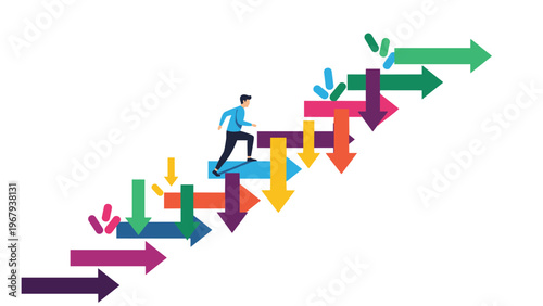 Person climbs a staircase made of colorful arrows pointing in many different directions representing career paths.