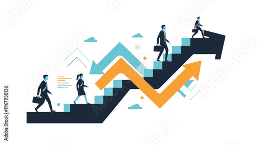 Professional people walk up and down a staircase shaped like a complex rising and falling arrow path for career growth.