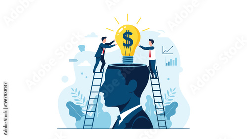 Two businessmen on ladders insert a large light bulb with a dollar symbol into a giant silhouette of a human head.