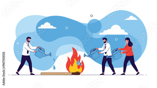 Three professional people use watering cans to extinguish a fire burning on one end of a large giant matchstick.