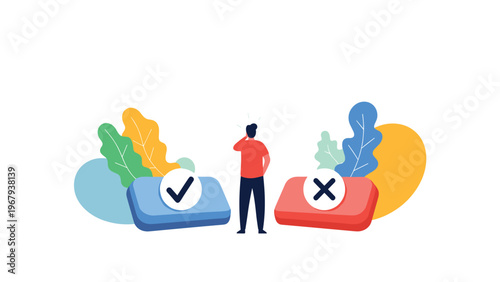 Person stands between two large buttons featuring a checkmark and an X while deciding on an important life choice.