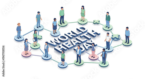 Illustration of diverse people connected around the World Health Day logo, promoting global health awareness and healthy lifestyle concepts in a colorful and vibrant design.