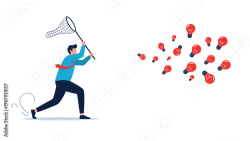 Professional businessman with a net tries to catch a large swarm of floating red light bulb ideas flying past him.