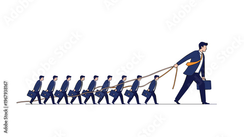 Group of small businessmen pull on multiple ropes being held and led by a much larger and more powerful leader.