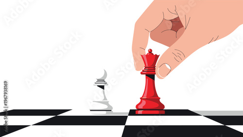 Giant hand moves a large red queen chess piece across a board to attack a smaller white bishop piece in strategy.