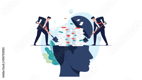 Two businessmen shoveling paperwork into a giant human head silhouette to symbolize data processing and information overload.