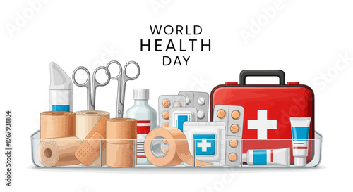 Flat lay illustration of a first aid kit with medical supplies for World Health Day, promoting global health awareness and healthy lifestyle concepts.