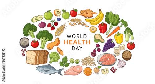 Flat lay illustration of various healthy foods arranged around the World Health Day logo on a white background, promoting global health awareness and a healthy lifestyle concept.
