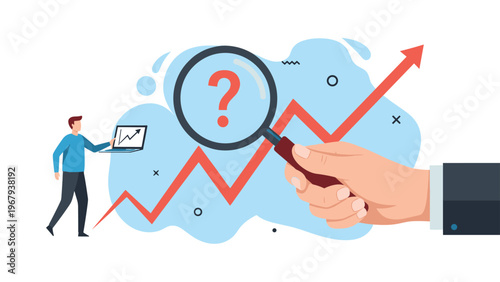 Large hand holding a magnifying glass with a question mark over a rising growth chart as a man analyzes financial data on a laptop.