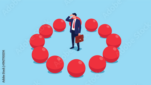 Confused businessman in a suit standing in the middle of a circle of large red spheres on a light blue background.