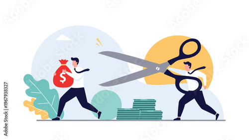 Businessman running with a bag of money while another uses giant scissors to cut costs and expenses in a budget crisis.