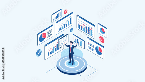 Businessman standing on a glowing platform surrounded by multiple floating digital dashboards and complex data charts.
