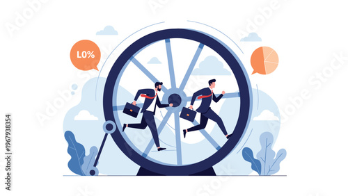 Two business professionals running inside a giant hamster wheel as a symbol for corporate routine, stress, and monotony.