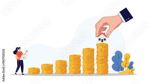 Hand placing a house on top of a rising coin stack as a woman records financial data for a real estate investment project.