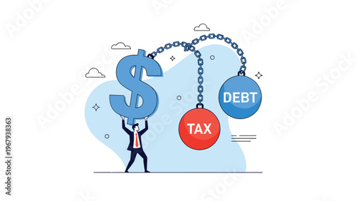 Strong businessman lifting a heavy giant dollar sign while being held down by chains attached to tax and debt weights.