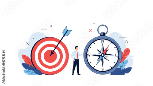 Professional businessman standing between a large target with an arrow and a giant compass to find the right direction.