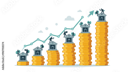 People climbing up stacks of gold coins that have bank buildings on top while following a rising economic profit graph.