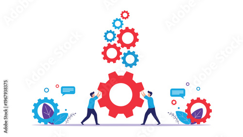 Two people pushing a large red gear to connect with a system of other gears representing teamwork, synergy, and mechanics.