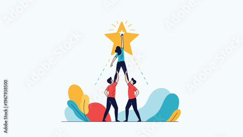 Two people lifting a colleague up to reach for a bright yellow star representing teamwork, goals, and mutual success.