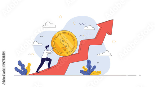 Determined businessman pushing a giant gold coin up a steep rising red arrow path toward financial growth and wealth.