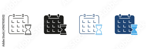 Calendar With Hourglass Icon Set. Time Management, Deadline Tracking, And Schedule Planning Outline And Silhouette Symbol Collection. Productivity And Efficiency. Isolated Vector Illustration