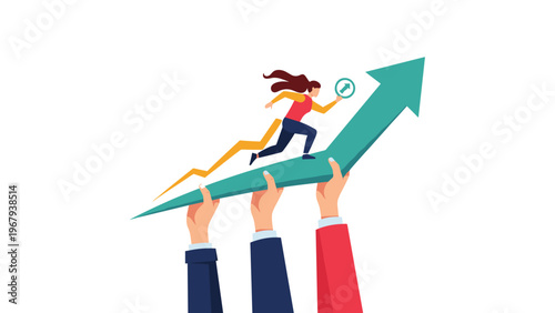 Successful woman running up a rising arrow held by several hands representing teamwork, support, and career growth.