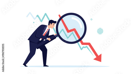 Focused professional uses a magnifying glass to investigate a sudden decline shown by a falling red arrow on a financial chart.