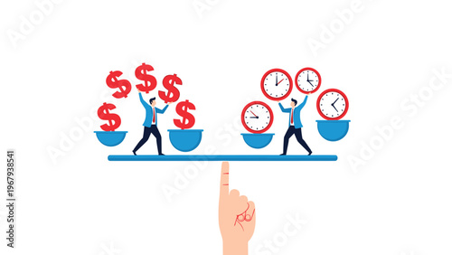 Giant finger balances a scale where two businessmen manage a delicate trade off between time and financial wealth rewards.