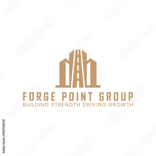 A striking gold emblem for a diversified holding company. Flanked by city skylines, a central road with a dashed lane marker extends towards a peak. This powerful symbol represents a solid foundation.