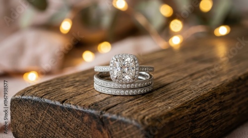 Stacked Bridal Wedding Engagement Ring Set with Diamonds on Wooden Surface, Showcasing Elegant Sparkle and Luxury