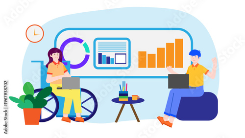 Illustration showing diversity and equality in the workplace with inclusive office environment and data analysis