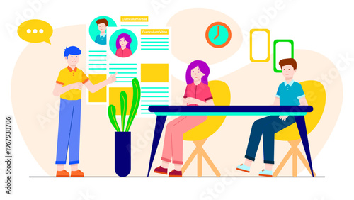 Flat design of HR department team reviewing employee cv applications in a meeting