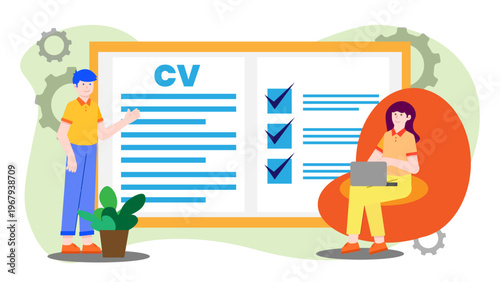 Illustration of an HR manager carefully reviewing an employee curriculum vitae for recruitment purposes