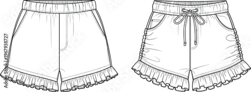 Technical Fashion Flat Sketch of Women's Elastic Waist Wide Leg Palazzo Pants with Drawstring and Front Patch Pockets Vector Template