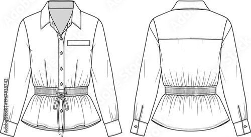Technical Fashion Flat Sketch of Women's Long Sleeve Peplum Blouse with Elastic Drawstring Waist and Button Front Vector Template Illustration
