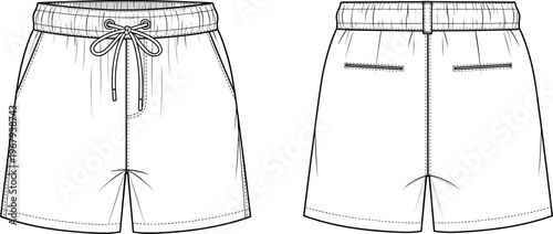 Technical Fashion Flat Sketch of Women's Elastic Waist Wide Leg Palazzo Trousers with Drawstring and Front Patch Pockets Vector Template