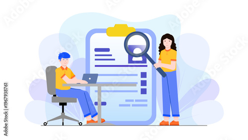 Human resources manager analyzing employee cv with magnifying glass for recruitment process