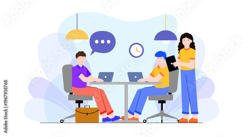 Flat design illustration of business people conducting an internship interview in a modern office environment
