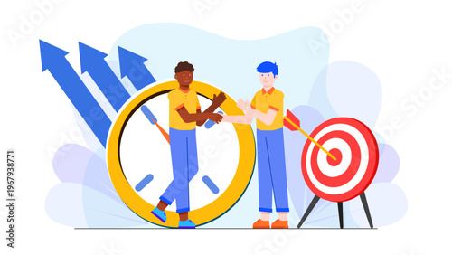 Concept of diversity and equality in the workplace showing collaboration to reach targets on time