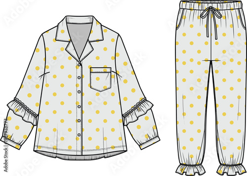 Technical fashion flat sketch of women's polka dot pajama set with button front shirt, ruffle cuffs, and drawstring pants with ruffle hem.