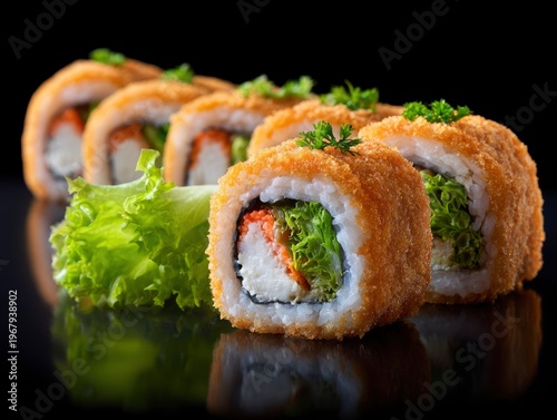 Crispy fried sushi rolls with seafood, cream cheese and fresh green lettuce, gourmet Japanese cuisine served on a black reflective background.