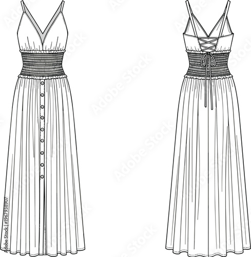 Technical Fashion Flat Sketch of Women's Smocked Waist Maxi Dress with Spaghetti Straps and Button Front Vector Template Illustration