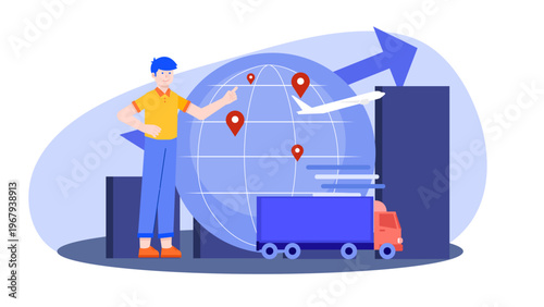 Concept of worldwide business expansion showing global delivery routes and increasing financial charts