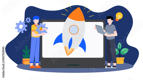 Two professionals working on a laptop with a rocket launching from the screen to represent a startup accelerator